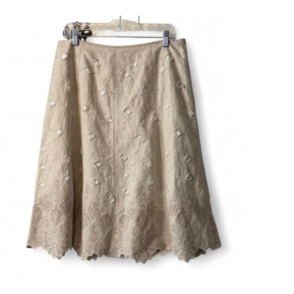 Peter Nygard‎ Tan Embroidered Linen Blend Eyelet Midi Skirt, Women's Size 12